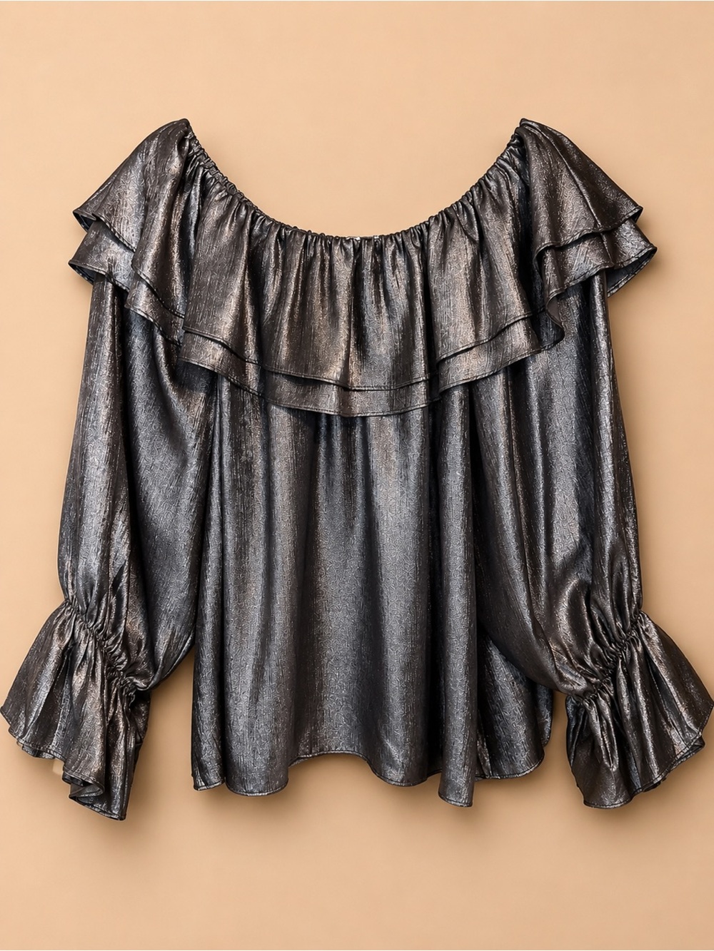 Joy Joy Metallic Off-Shoulder Ruffle Blouse - Silver
